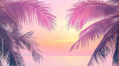 Fototapeta Naklejka Na Ścianę i Meble -  Palm trees featuring soft purple leaves set against a pastel sunset and tranquil sea with gentle hues and ample copy space
