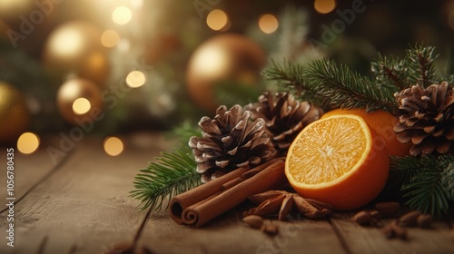 Festive holiday background featuring cinnamon pinecones and oranges arranged on a wooden table High quality image capturing seasonal decorations