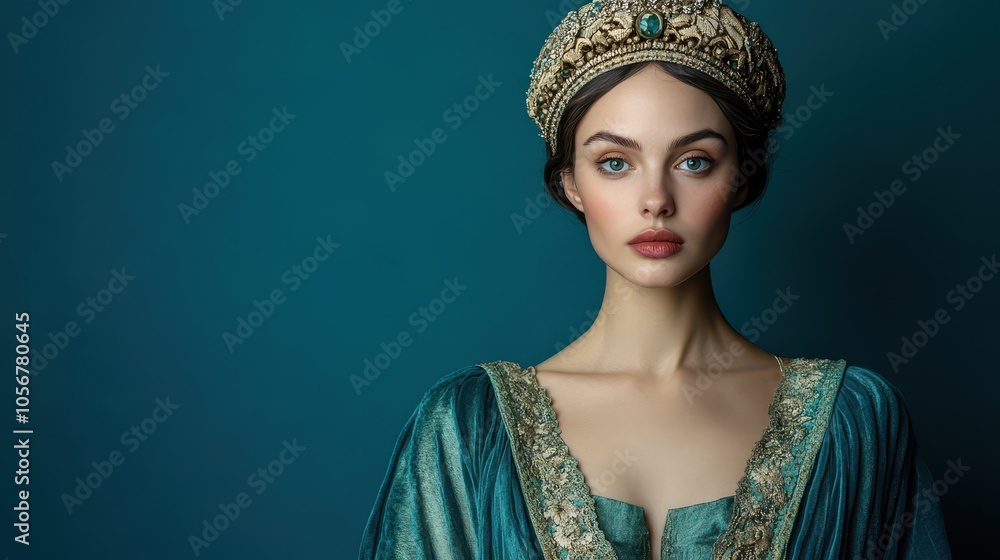 Stunning portrait of a woman wearing a historical gown and ornate crown against a teal background, exuding elegance and grace. Stunning portrait of a woman wearing a historical gown and ornate crown against a teal background, exuding elegance and grace.