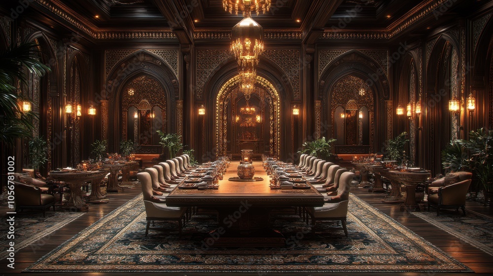 Fototapeta premium Elegant dining room with ornate decor and large table setting.