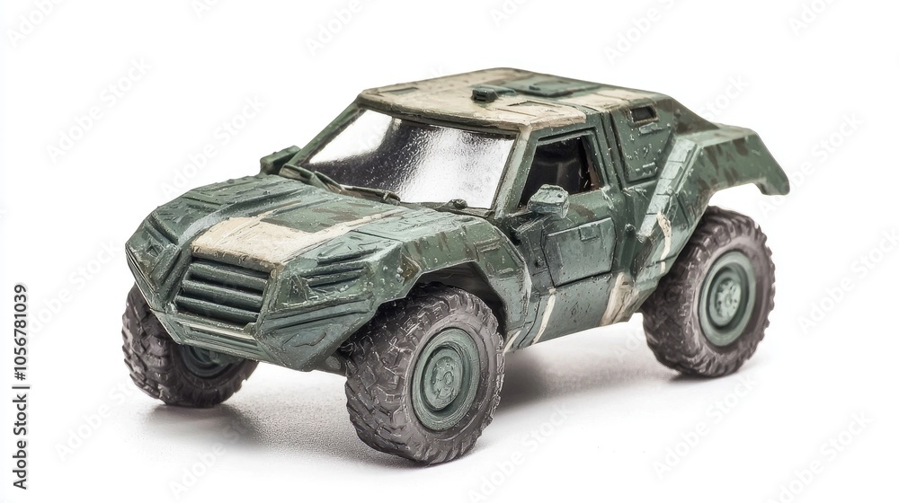 Plastic Model Of A Military Toy Car Isolated On White Background Plastic Model Of A Military Toy Car Isolated On White Background