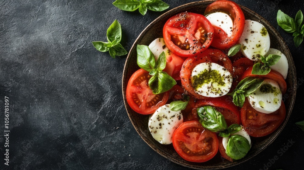 Classic caprese salad featuring sliced tomatoes mozzarella fresh basil pesto and spices against a dark backdrop Aerial perspective Classic caprese salad featuring sliced tomatoes mozzarella fresh basil pesto and spices against a dark backdrop Aerial perspective