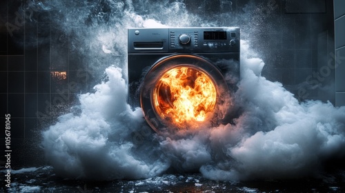 A washing machine is on fire and spewing smoke photo