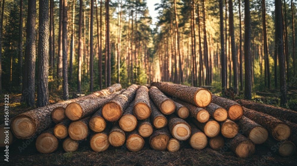 Pine and spruce trees in a forest with stacked log trunks highlighting the timber industry A panoramic view of wooden trunks in a natural setting Pine and spruce trees in a forest with stacked log trunks highlighting the timber industry A panoramic view of wooden trunks in a natural setting
