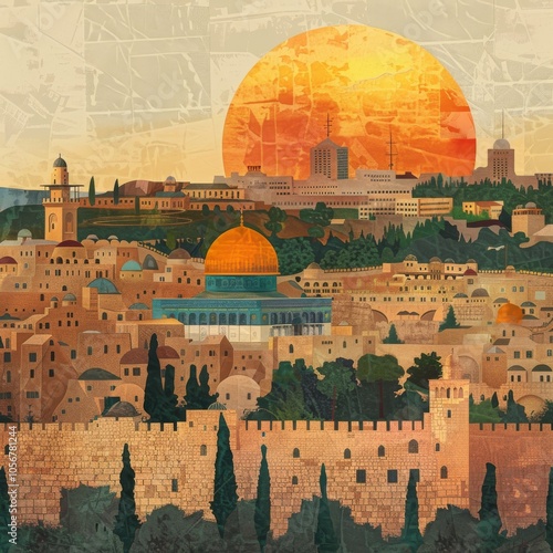 A captivating sunset illustration of Jerusalems Old City skyline, showcasing iconic Western Wall photo