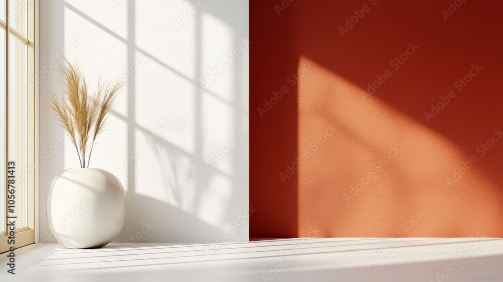 Minimalist Vase and Shadows Play in Sunlight on Modern Interior Orange Wall Minimalist Vase and Shadows Play in Sunlight on Modern Interior Orange Wall