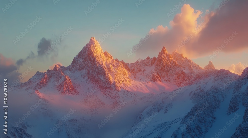 Obraz premium Majestic mountain landscape at sunrise featuring snow capped peaks and stunning light captured in cinematic 8k photorealistic detail