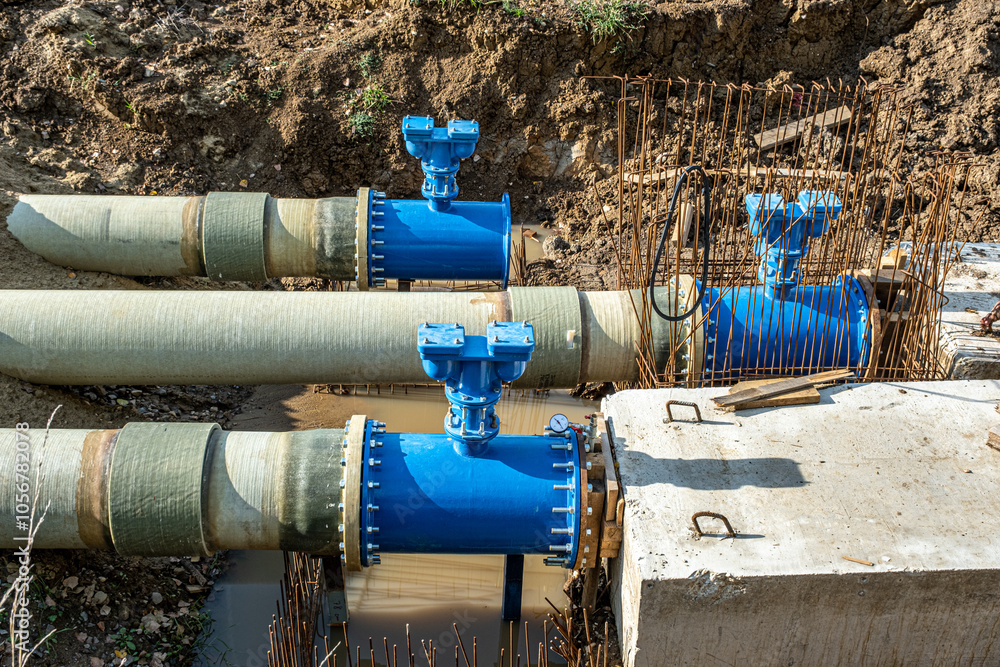New fiber glass water pipeline in trench. Replacement of old rusty tubes by new one New fiber glass water pipeline in trench. Replacement of old rusty tubes by new one