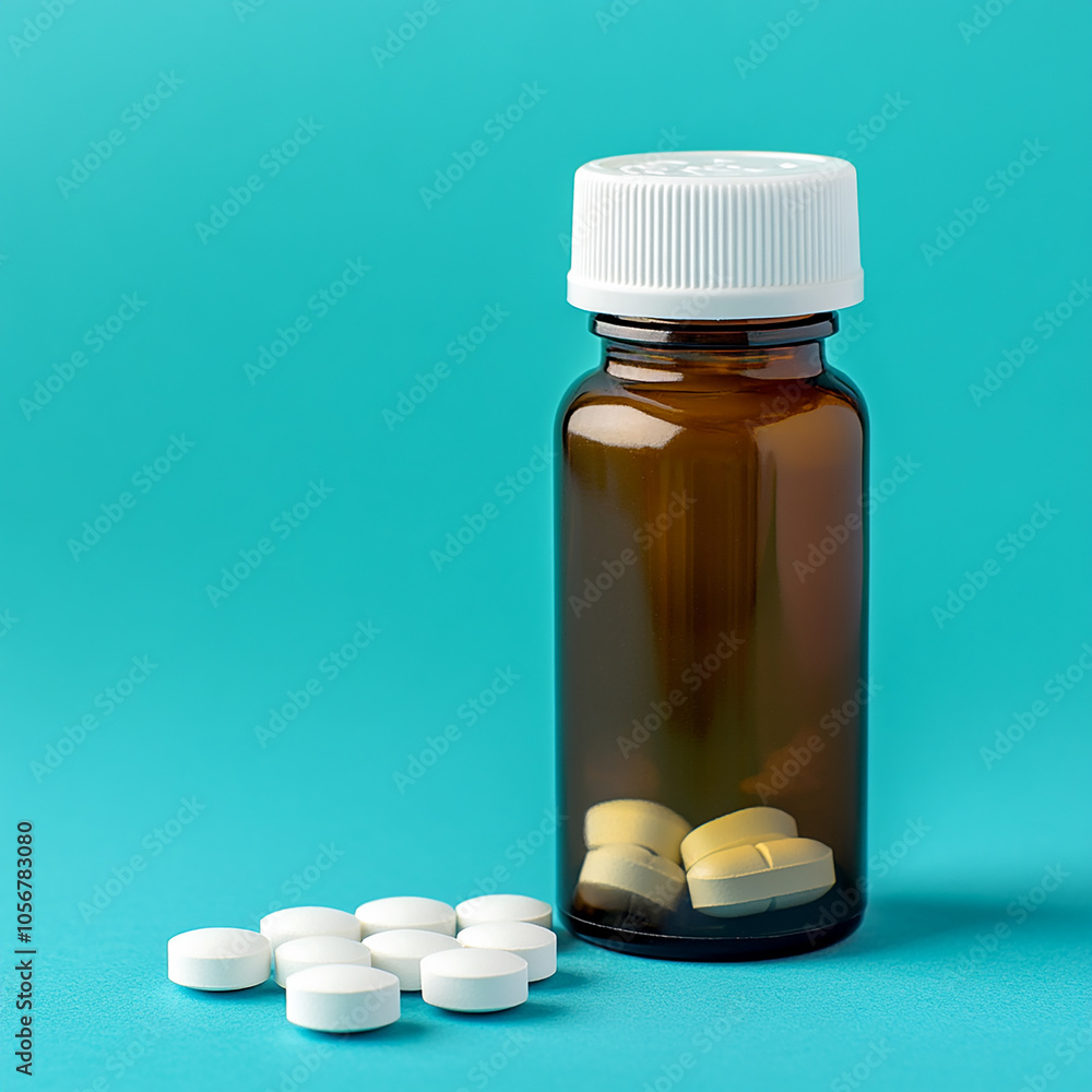 Mockup for A bottle of pills with tablet with blue background Mockup for A bottle of pills with tablet with blue background