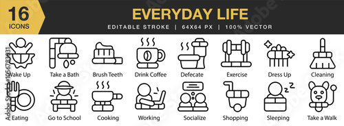 Everyday Life icon set. Editable Stroke Icon Collection. Includes brush teeth, cleaning, cooking, dress up, drink coffee, and More. Outline icons vector collection.