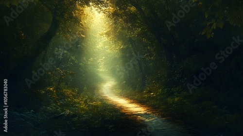 Sunbeams Illuminating a Path Through a Dense Forest