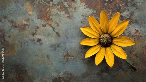 Yellow flower of Jerusalem artichoke set against a metallic background
