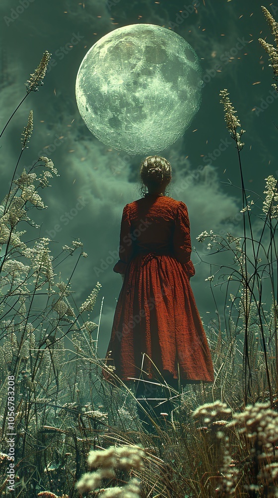 Fototapeta premium Woman in Red Dress Gazing at the Moon