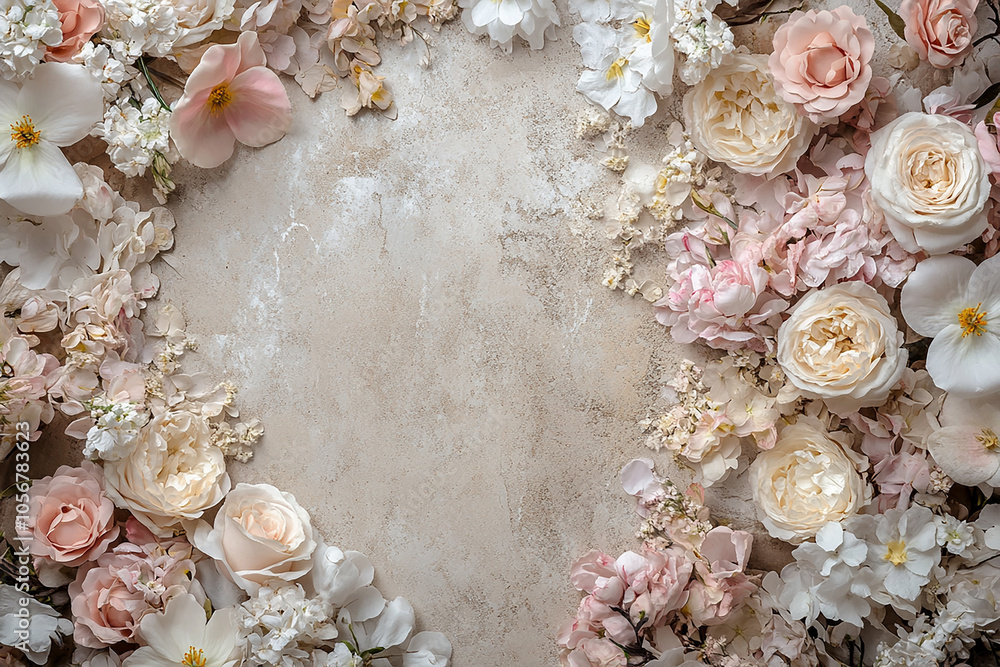 Fototapeta premium Pastel floral border with doodle-style flowers surrounding a solid pastel copy space background