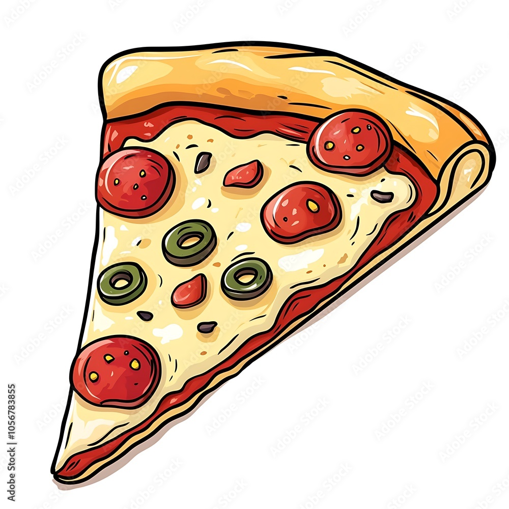 A cartoon slice of pizza on a white background. A cartoon slice of pizza on a white background.