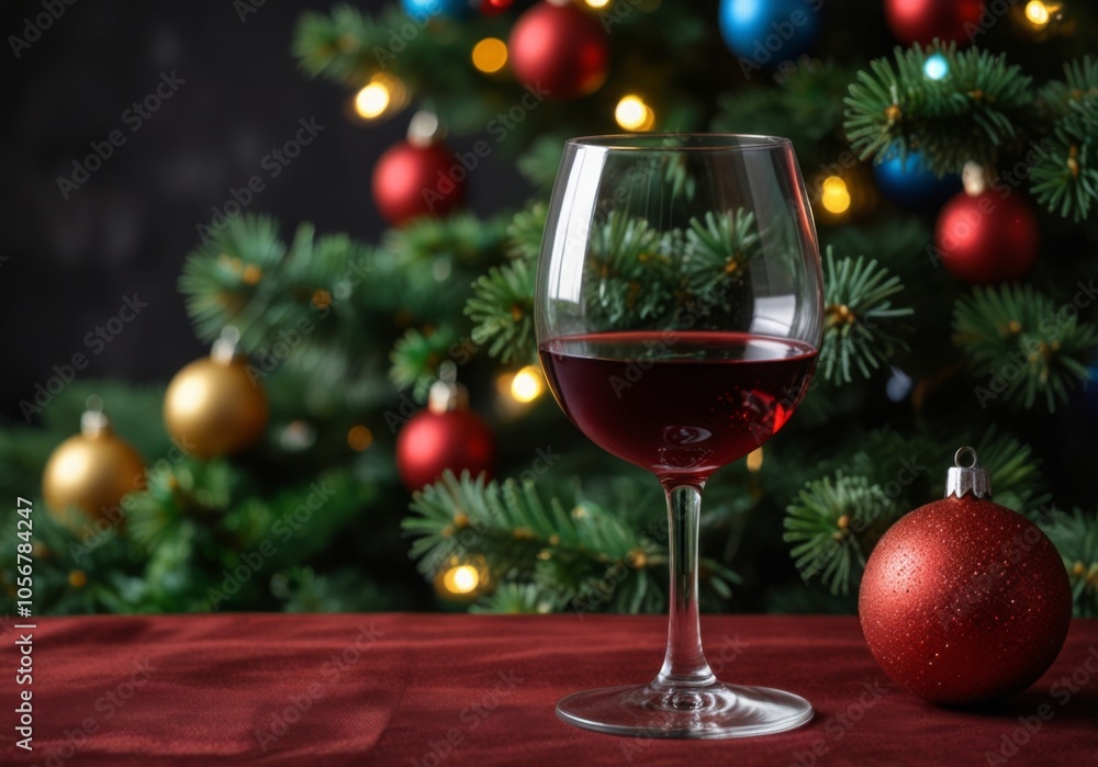 Glass of wine against the background of a Christmas tree, Wine is poured from a bottle into a glass against the backdrop of Christmas decorations on the table. Glass of wine against the background of a Christmas tree, Wine is poured from a bottle into a glass against the backdrop of Christmas decorations on the table.