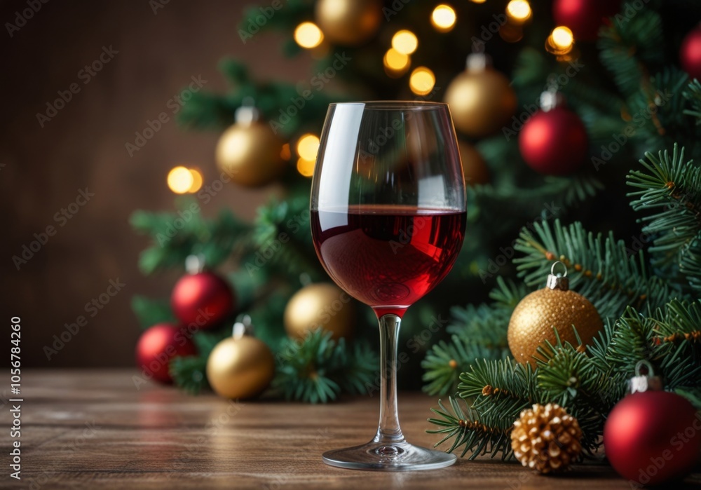 Glass of wine against the background of a Christmas tree, Wine is poured from a bottle into a glass against the backdrop of Christmas decorations on the table. Glass of wine against the background of a Christmas tree, Wine is poured from a bottle into a glass against the backdrop of Christmas decorations on the table.