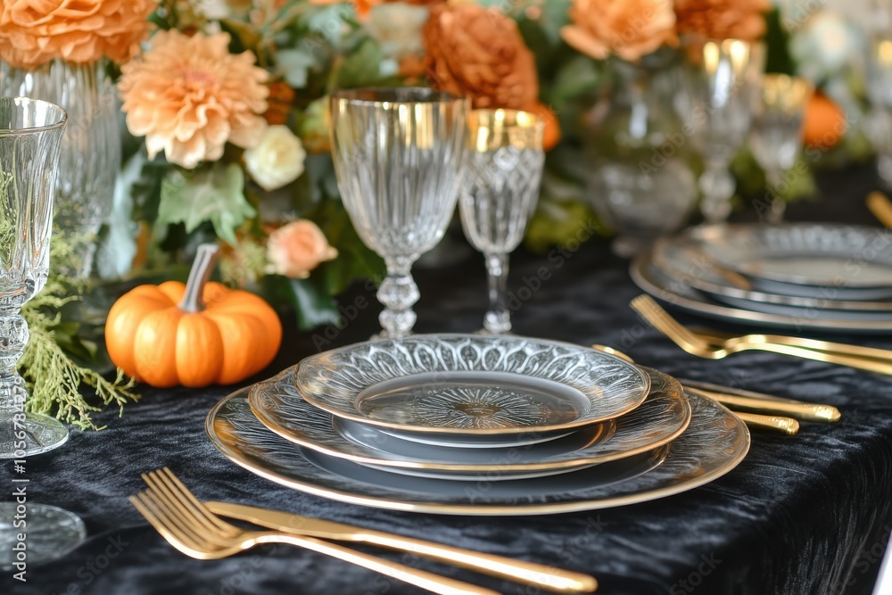 Naklejka premium A table with a black tablecloth and a pumpkin on it