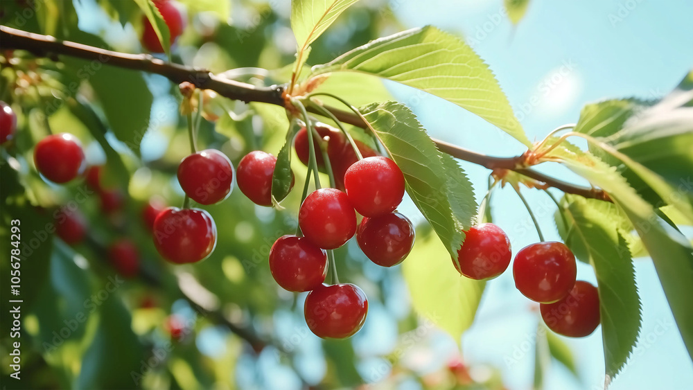 Red cherries on the tree in the farm with blue sky with background. natural light. Red cherries on the tree in the farm with blue sky with background. natural light.