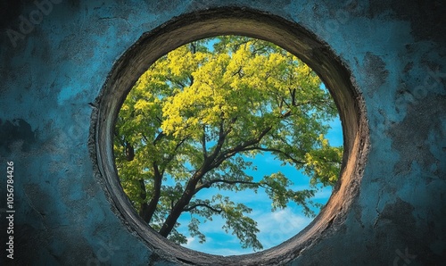 A scenic view through a circular opening, showcasing a blue sky and vibrant green tree, symbolizing nature and tranquility