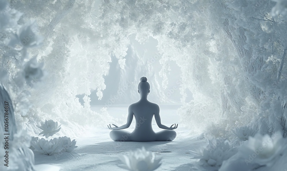 A serene figure meditates surrounded by a white, ethereal environment, symbolizing peace, mindfulness, and inner clarity A serene figure meditates surrounded by a white, ethereal environment, symbolizing peace, mindfulness, and inner clarity