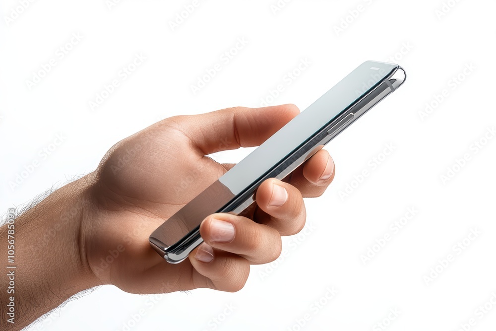 Close-up of a man's hand holding a sleek smartphone against a white background.