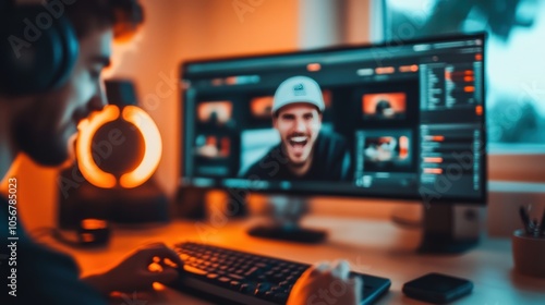 Young man engaged in video editing, showcasing a joyful expression on the screen.