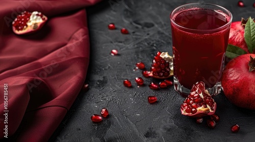 Glass Of Pomegranate Juice On A Black Concrete Background With Red Textile Side View Close Up photo