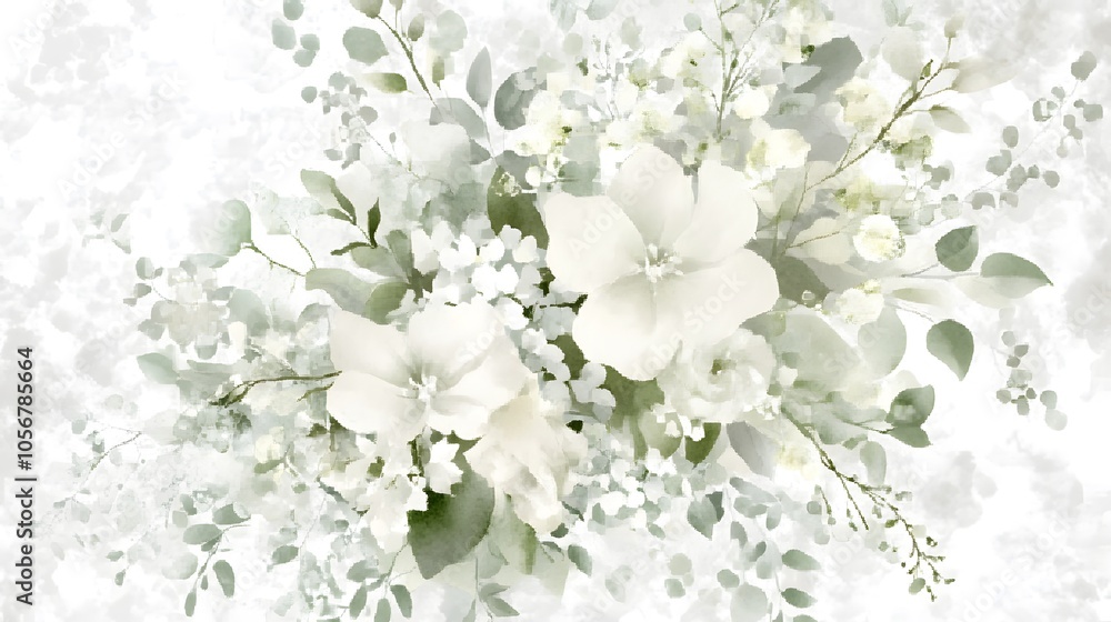 Watercolor White Flower Bouquet with Green Leaves on White Background, Cutout File for Wedding Clipart, Featuring Elegant Floral Arrangement in Soft and Natural Style Watercolor White Flower Bouquet with Green Leaves on White Background, Cutout File for Wedding Clipart, Featuring Elegant Floral Arrangement in Soft and Natural Style
