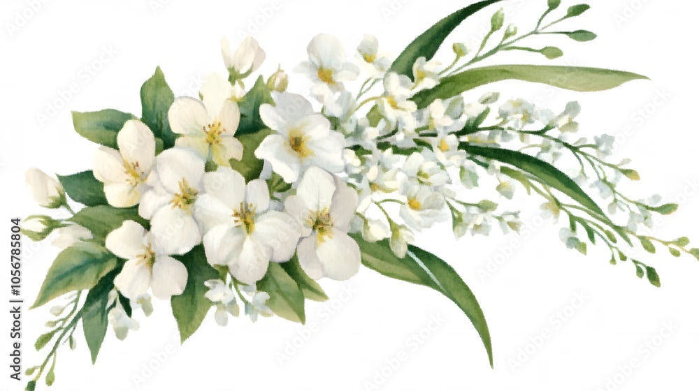 Fototapeta premium Watercolor White Flower Bouquet with Green Leaves on White Background, Cutout File for Wedding Clipart, Featuring Elegant Floral Arrangement in Soft and Natural Style