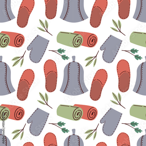Sauna seamless pattern. Finnish bathhouse tools, cartoon spa wellness equipment. Cozy elements fabric print design, flat vector background