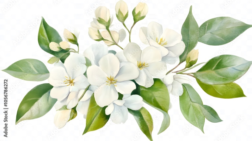 Watercolor White Flower Bouquet with Green Leaves on White Background, Cutout File for Wedding Clipart, Featuring Elegant Floral Arrangement in Soft and Natural Style Watercolor White Flower Bouquet with Green Leaves on White Background, Cutout File for Wedding Clipart, Featuring Elegant Floral Arrangement in Soft and Natural Style