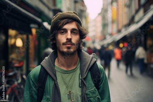 A man wearing a green jacket and a green beanie is standing on a street