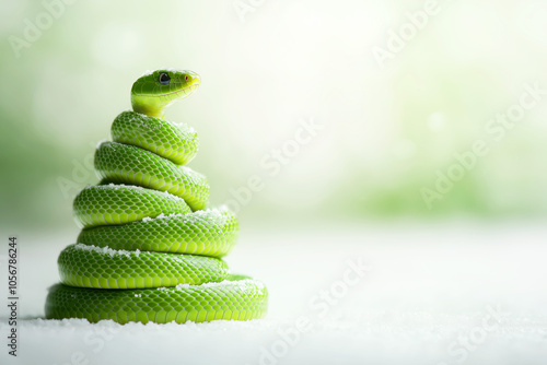 Green snake imitates christmas treel, oriental new year concept, copyspace photo