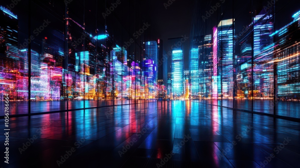 Obraz premium Vibrant holographic cityscape at night, illuminated by mesmerizing neon lights and futuristic architecture.