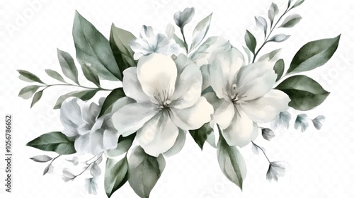 Watercolor White Flower Bouquet with Green Leaves on White Background, Cutout File for Wedding Clipart, Featuring Elegant Floral Arrangement in Soft and Natural Style