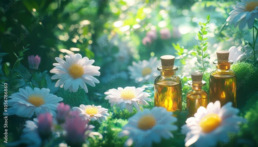 Natural Essential Oils and Floral Ingredients Arranged in a Tranquil Garden Setting, Aromatic Blends for Wellness and Beauty Natural Essential Oils and Floral Ingredients Arranged in a Tranquil Garden Setting, Aromatic Blends for Wellness and Beauty