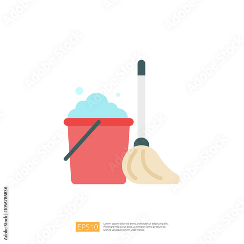 The image features a red bucket filled with soapy water and a mop, symbolizing cleaning and maintenance tasks.