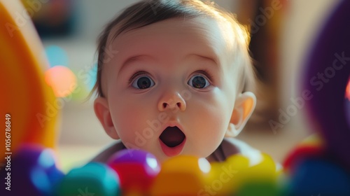 Surprised baby boy with blue eyes playing with colorful toys, exploring with curiosity.