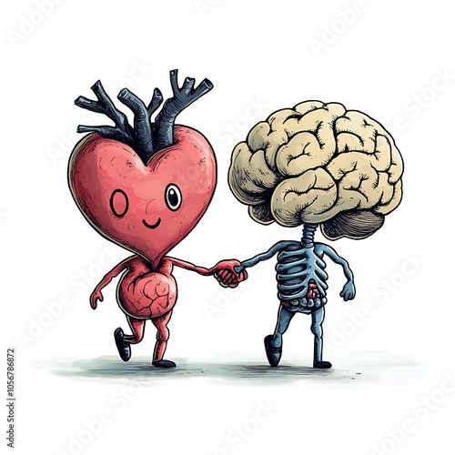 Cartoon heart and brain walking together, holding hands, on a white background.