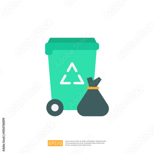The image features a teal recycling bin with a recycling symbol and a tied garbage bag beside it, representing waste management and environmental responsibility.