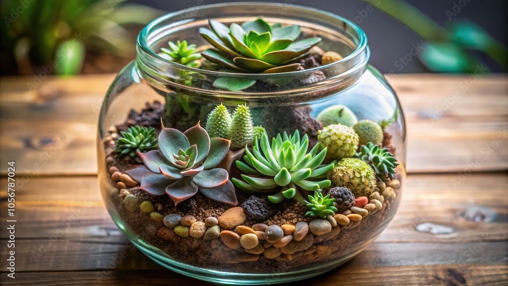 Minimalist Terrarium Arrangement with Succulents in Glass Jar - Elegant Display of Nature's Beauty Minimalist Terrarium Arrangement with Succulents in Glass Jar - Elegant Display of Nature's Beauty