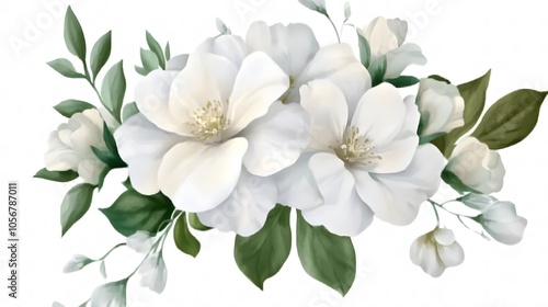 Watercolor White Flower Bouquet with Green Leaves on White Background, Cutout File for Wedding Clipart, Featuring Elegant Floral Arrangement in Soft and Natural Style