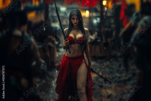 Beautiful Asian girl  in red clothing holding katana in hand on a empty street background.