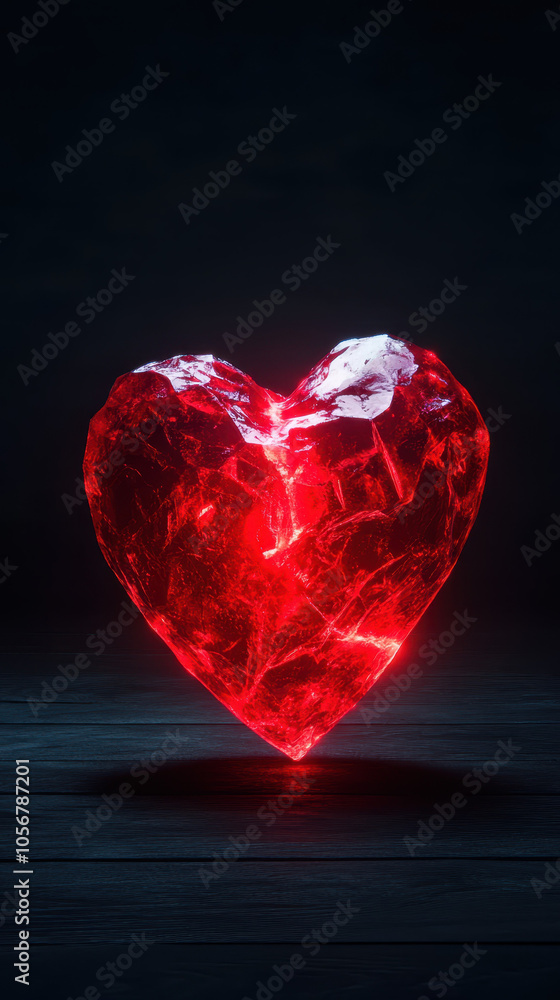 glowing red heart made of crystal, symbolizing love and passion. heart is set against dark background, creating striking contrast glowing red heart made of crystal, symbolizing love and passion. heart is set against dark background, creating striking contrast