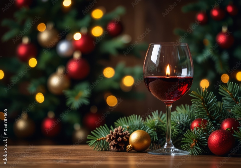 Glass of wine against the background of a Christmas tree, Wine is poured from a bottle into a glass against the backdrop of Christmas decorations on the table.