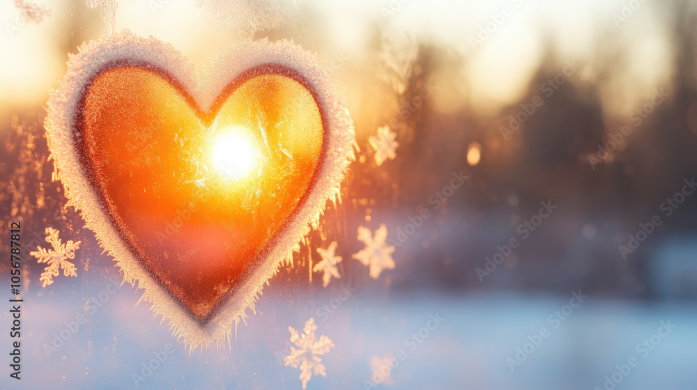 Heart shape on frosted window with sunset glow, winter scene, snowflakes, warm feelings, romantic atmosphere Heart shape on frosted window with sunset glow, winter scene, snowflakes, warm feelings, romantic atmosphere