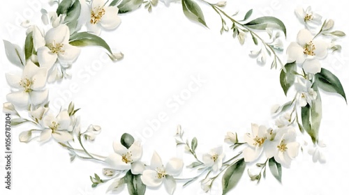 Watercolor White Roses and Eucalyptus Wreath with Greenery Leaves on White Background, Featuring a Central White Space for Text in an Elegant Clipart Illustration Style