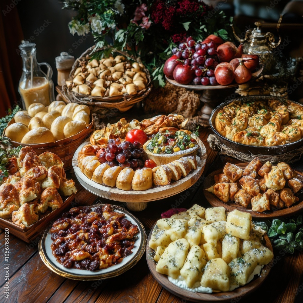 Feast of St. Josaphat. Rustic spread of breads, pastries, fruits, and cheese displayed Feast of St. Josaphat. Rustic spread of breads, pastries, fruits, and cheese displayed