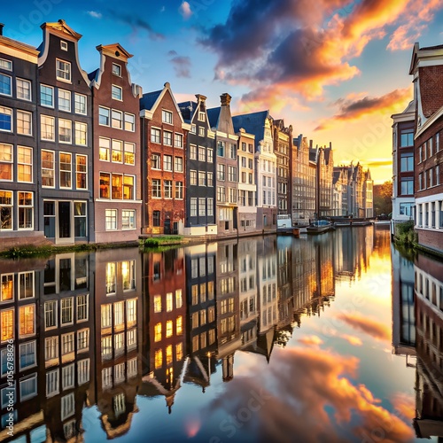 Beautiful sunset over Amsterdam's canal with historic buildings reflected